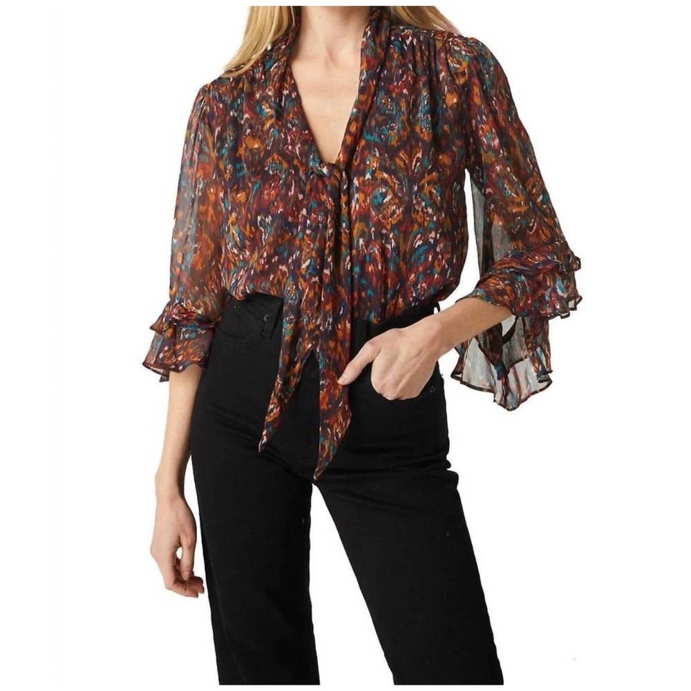 MISA Los Angeles XS Tie Neck Ruffle Sleeve Blouse Abstract Ikat Metallic Chiffon